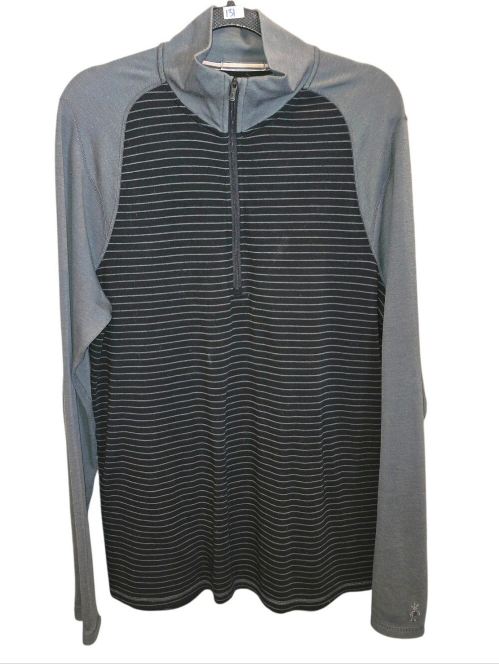 SMARTWOOL Sz L Gray & Striped L/S ¼ Zip Hiking Trail Layering Logo Shirt Top